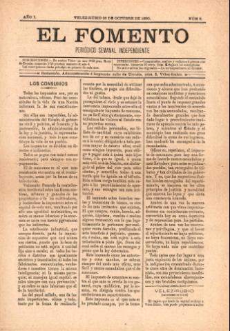 'El fomento : Semanario Independiente, continuación del anterior.' - Año 1 Número 8 - 1890 octubre 26