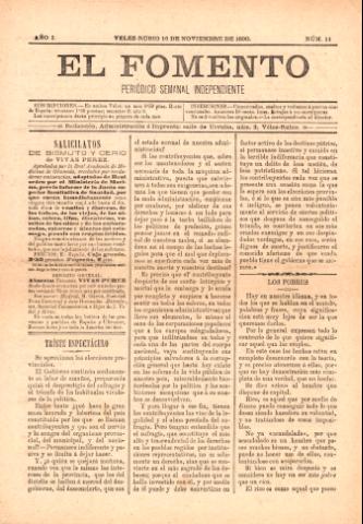 'El fomento : Semanario Independiente, continuación del anterior.' - Año 1 Número 11 - 1890 noviembre 16