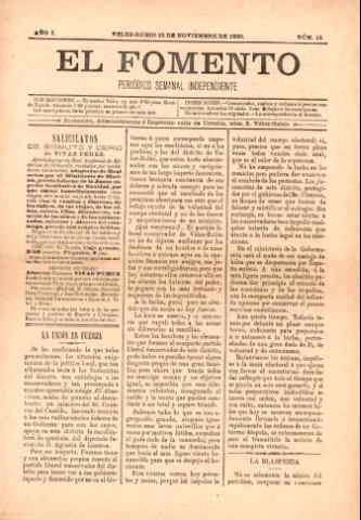 'El fomento : Semanario Independiente, continuación del anterior.' - Año 1 Número 12 - 1890 noviembre 23