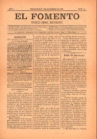 'El fomento : Semanario Independiente, continuación del anterior.' - Año 1 Número 14 - 1890 diciembre 07