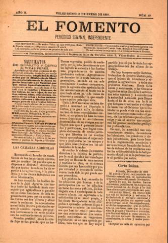 'El fomento : Semanario Independiente, continuación del anterior.' - Año 2 Número 19 - 1891 enero 11