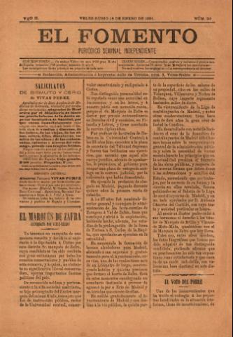 'El fomento : Semanario Independiente, continuación del anterior.' - Año 2 Número 20 - 1891 enero 18