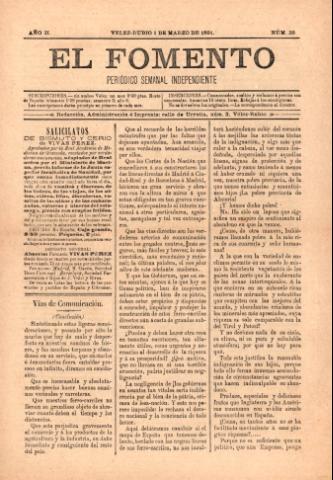 'El fomento : Semanario Independiente, continuación del anterior.' - Año 2 Número 26 - 1891 marzo 01