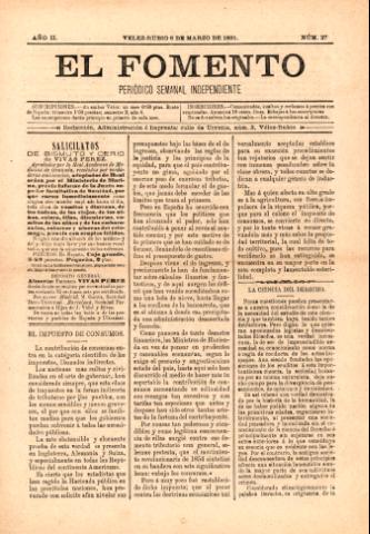 'El fomento : Semanario Independiente, continuación del anterior.' - Año 2 Número 27 - 1891 marzo 08