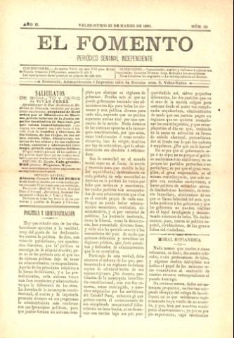 'El fomento : Semanario Independiente, continuación del anterior.' - Año 2 Número 29 - 1891 marzo 22