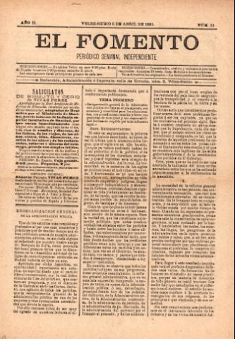'El fomento : Semanario Independiente, continuación del anterior.' - Año 2 Número 31 - 1891 abril 05