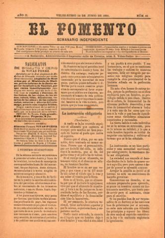 'El fomento : Semanario Independiente, continuación del anterior.' - Año 2 Número 41 - 1891 junio 14