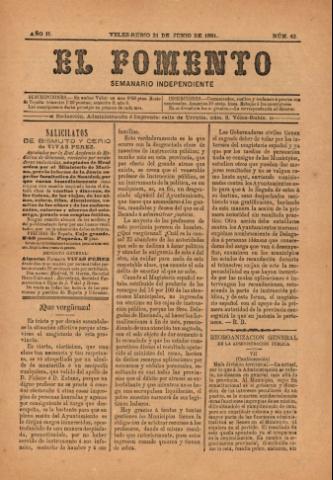 'El fomento : Semanario Independiente, continuación del anterior.' - Año 2 Número 42 - 1891 junio 21