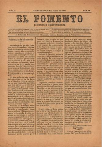 'El fomento : Semanario Independiente, continuación del anterior.' - Año 2 Número 43 - 1891 junio 28