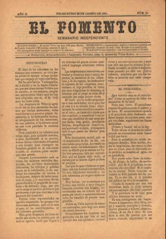 'El fomento : Semanario Independiente, continuación del anterior.' - Año 2 Número 51 - 1891 agosto 23