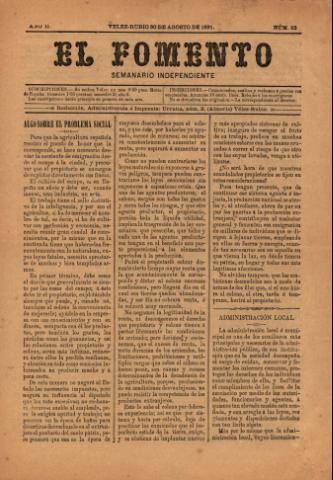 'El fomento : Semanario Independiente, continuación del anterior.' - Año 2 Número 52 - 1891 agosto 30