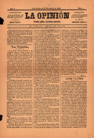'La Opinión : Periódico político y de intereses materiales' - Año 1 Número 1 - 1895 noviembre 14