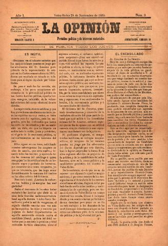 'La Opinión : Periódico político y de intereses materiales' - Año 1 Número 3 - 1895 noviembre 28