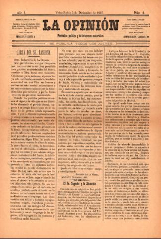 'La Opinión : Periódico político y de intereses materiales' - Año 1 Número 4 - 1895 diciembre 05