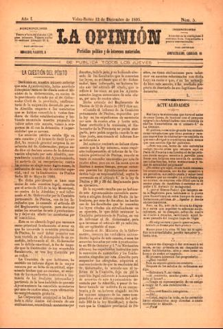 'La Opinión : Periódico político y de intereses materiales' - Año 1 Número 5 - 1895 diciembre 12