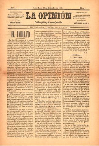'La Opinión : Periódico político y de intereses materiales' - Año 1 Número 7 - 1895 diciembre 26