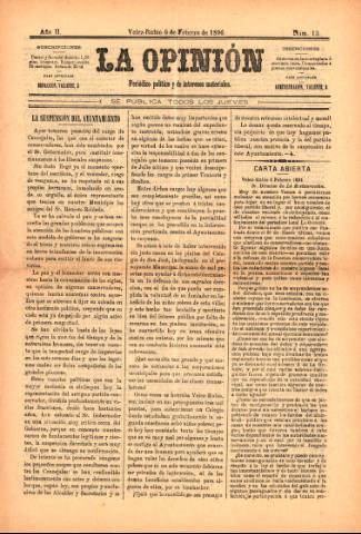'La Opinión : Periódico político y de intereses materiales' - Año 2 Número 13 - 1896 febrero 06