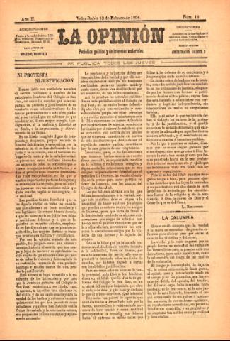 'La Opinión : Periódico político y de intereses materiales' - Año 2 Número 14 - 1896 febrero 13