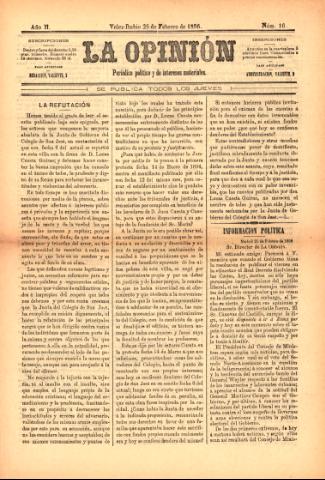 'La Opinión : Periódico político y de intereses materiales' - Año 2 Número 16 - 1896 febrero 28