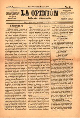 'La Opinión : Periódico político y de intereses materiales' - Año 2 Número 20 - 1896 marzo 27