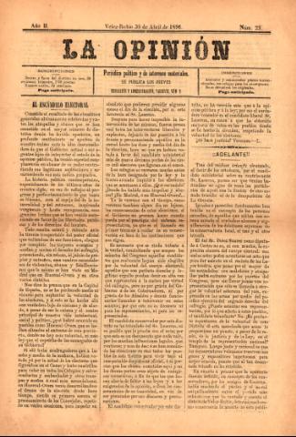 'La Opinión : Periódico político y de intereses materiales' - Año 2 Número 23 - 1896 abril 30