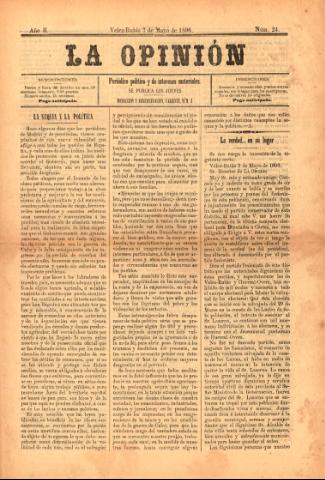 'La Opinión : Periódico político y de intereses materiales' - Año 2 Número 24 - 1896 mayo 07