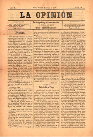 'La Opinión : Periódico político y de intereses materiales' - Año 2 Número 28 - 1896 junio 06