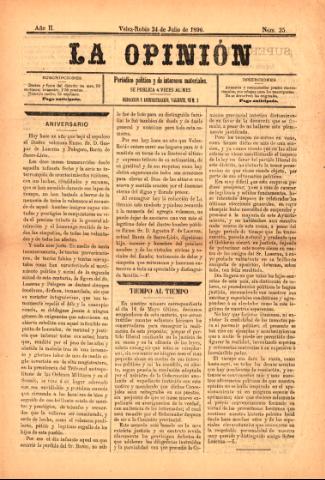 'La Opinión : Periódico político y de intereses materiales' - Año 2 Número 35 - 1896 julio 24