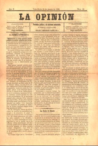 'La Opinión : Periódico político y de intereses materiales' - Año 2 Número 36 - 1896 agosto 21