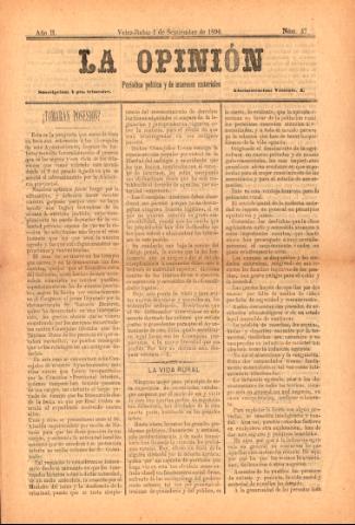 'La Opinión : Periódico político y de intereses materiales' - Año 2 Número 37 - 1896 septiembre 01