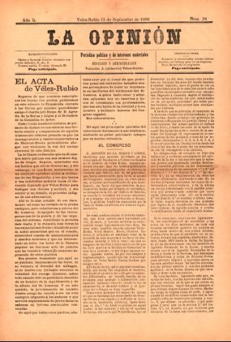 'La Opinión : Periódico político y de intereses materiales' - Año 2 Número 38 - 1896 septiembre 15