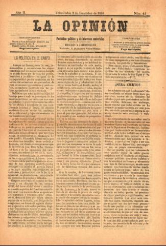 'La Opinión : Periódico político y de intereses materiales' - Año 2 Número 41 - 1896 diciembre 02