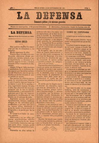 'La defensa : Semanario Político y de Intereses Generales' - Año 1 Número 9 - 1901 noviembre 12