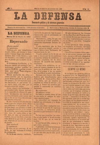 'La defensa : Semanario Político y de Intereses Generales' - Año 2 Número 20 - 1902 enero 28