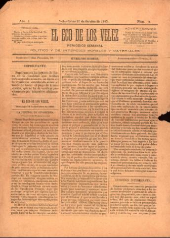 'El eco de los Vélez : Periódico Semanal, Político y de Intereses Morales y Materiales' - Año 1 Número 2 - 1885 octubre 11