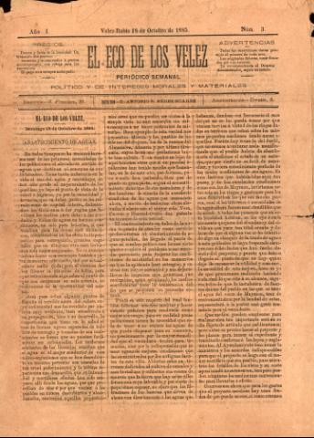 'El eco de los Vélez : Periódico Semanal, Político y de Intereses Morales y Materiales' - Año 1 Número 3 - 1885 octubre 18