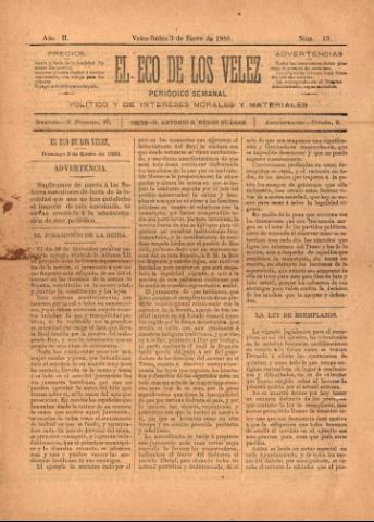 'El eco de los Vélez : Periódico Semanal, Político y de Intereses Morales y Materiales' - Año 1 Número 13 - 1886 enero 03