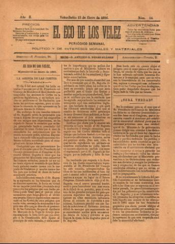 'El eco de los Vélez : Periódico Semanal, Político y de Intereses Morales y Materiales' - Año 1 Número 14 - 1886 enero 13