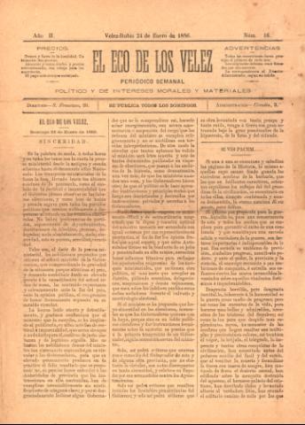 'El eco de los Vélez : Periódico Semanal, Político y de Intereses Morales y Materiales' - Año 1 Número 16 - 1886 enero 24