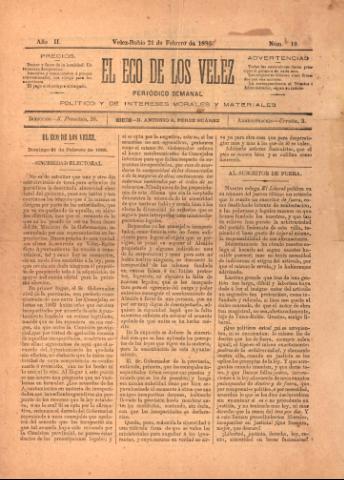 'El eco de los Vélez : Periódico Semanal, Político y de Intereses Morales y Materiales' - Año 1 Número 19 - 1886 febrero 21