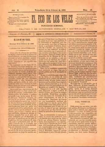 'El eco de los Vélez : Periódico Semanal, Político y de Intereses Morales y Materiales' - Año 1 Número 20 - 1886 febrero 28