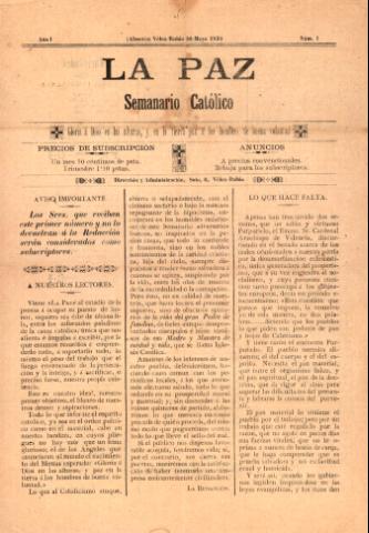 'La paz : Semanario católico' - Año 1 Número 1 - 1891 mayo 30