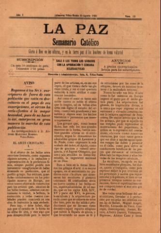 'La paz : Semanario católico' - Año 1 Número 12 - 1891 agosto 15