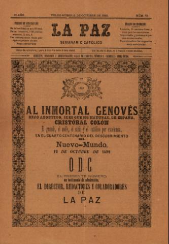 'La paz : Semanario católico' - Año 2 Número 73 - 1892 octubre 12