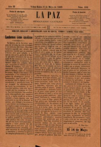 'La paz : Semanario católico' - Año 3 Número 102 - 1893 mayo 06