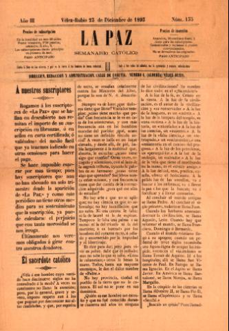 'La paz : Semanario católico' - Año 3 Número 135 - 1893 diciembre 23