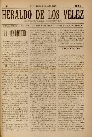 'Heraldo de los Vélez : periódico liberal' - Año 1 Número 4 - 1917 julio 01