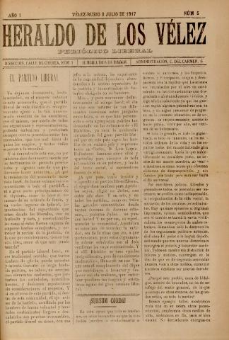 'Heraldo de los Vélez : periódico liberal' - Año 1 Número 5 - 1917 julio 08
