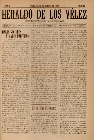 'Heraldo de los Vélez : periódico liberal' - Año 1 Número 10 - 1917 agosto 12