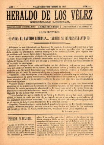 'Heraldo de los Vélez : periódico liberal' - Año 1 Número 14 - 1917 septiembre 09